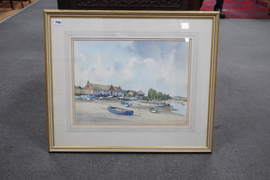 Stanley Orchart (1920-2005), ‘Burnham Quay’, signed and dated '74, gallery label verso, watercolour, 36 x 49cm
